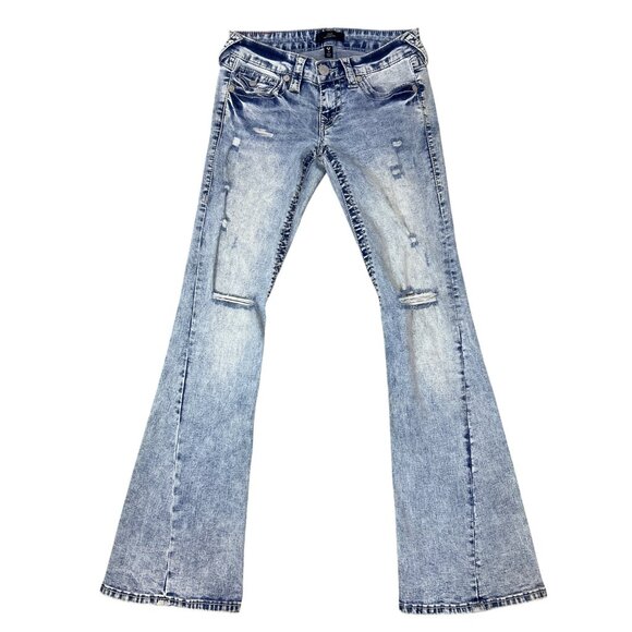 True Religion Women's Y2K Joey Low Rise Big T Ripped Distressed Flare Jeans 25 - Picture 1 of 12